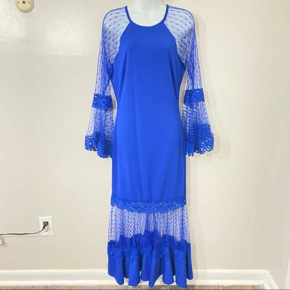 New Bell Sleeve Mesh Fit and Flare Royal Blue Women’s Formal Dress - Picture 10 of 10